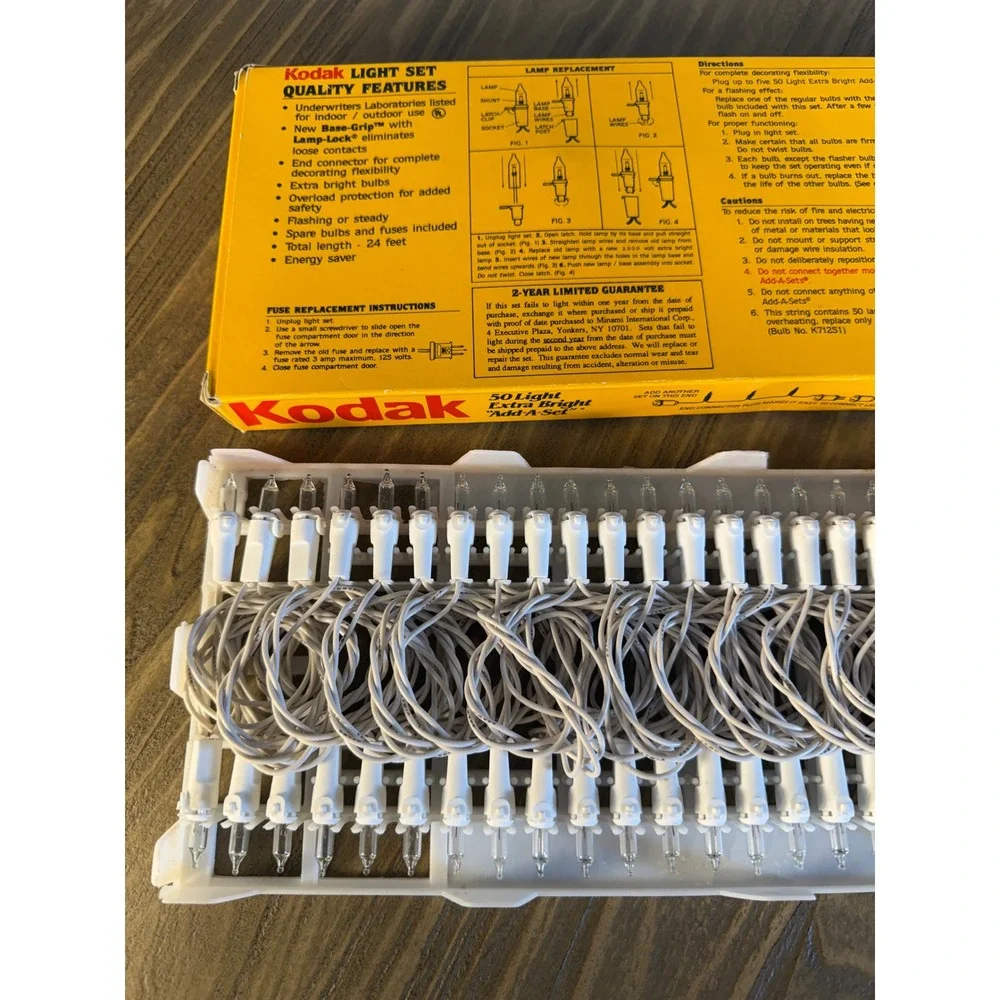 Vintage 1991 Kodak Christmas Lights 50 Count Clear White Wire Add-A-Set Open Box